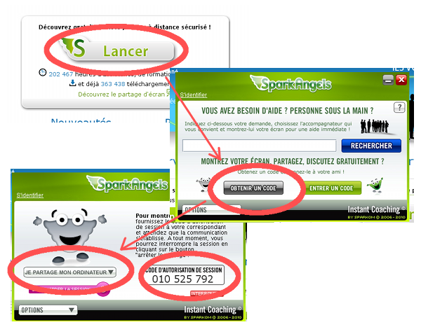 cliquez sur lancer puis, une fois le logiciel lancé, sur 'obtenir un code', choisissez 'je partage mon ordinateur' et dictez le code à votre interlocuteur
